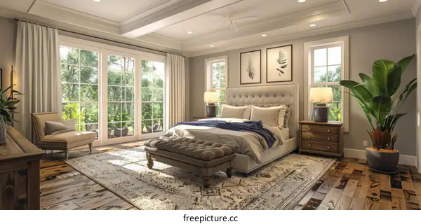 A bedroom with a large bed, a sitting area, and a large window