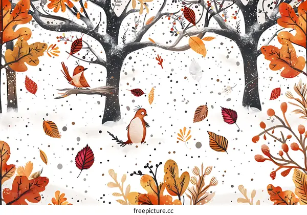 Winter Forest Illustration With Two Birds And Falling Leaves