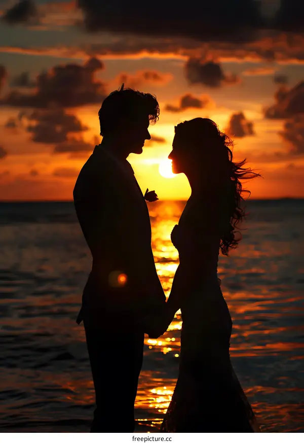 Silhouette of a couple in love at sunset