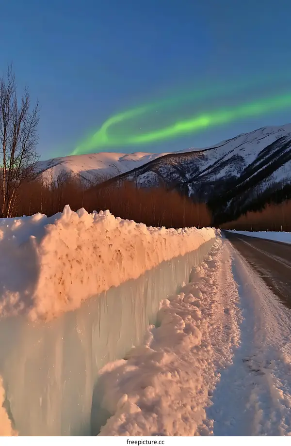 Aurora Borealis Over Snowy Mountains And Road
