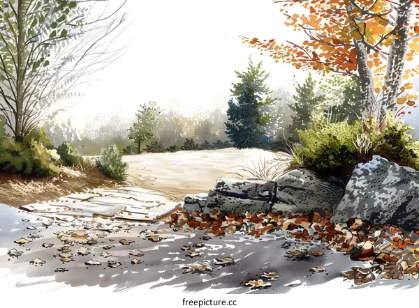 Autumn Watercolor Painting Landscape With Rocks And Fallen Leaves