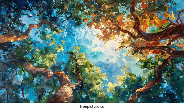 Colorful Autumn Leaves Against a Blue Sky