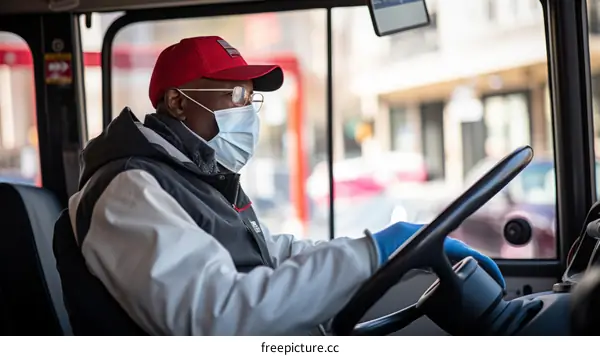 Black bus driver wearing a red hat and a mask