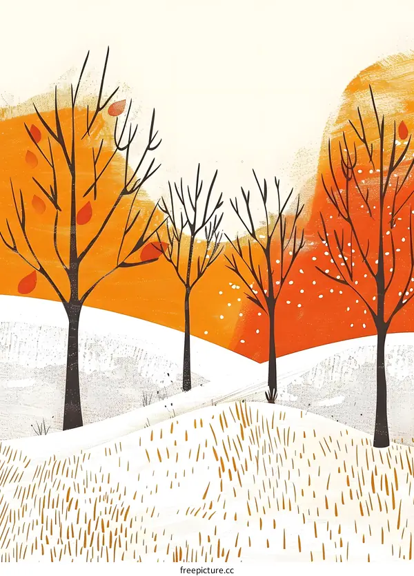 Autumn Landscape with Bare Trees and Orange Hills