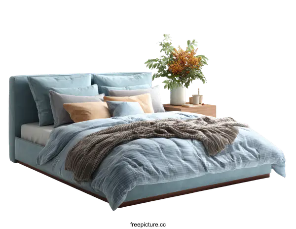 [Transparent Background PNG]Modern Light Blue Bed with Cozy Bedding