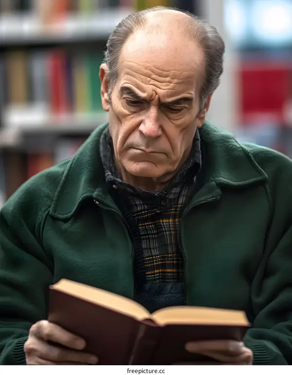 Senior Man Reading Book in Library