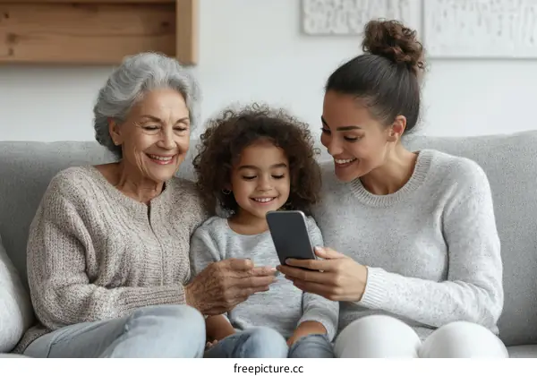 Happy Family Watching Phone Together