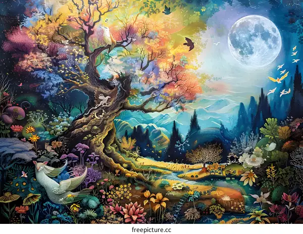 Fantasy Forest Painting with Colorful Tree and Moon
