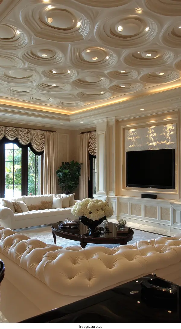 Luxury Living Room with Ornate Ceiling Design
