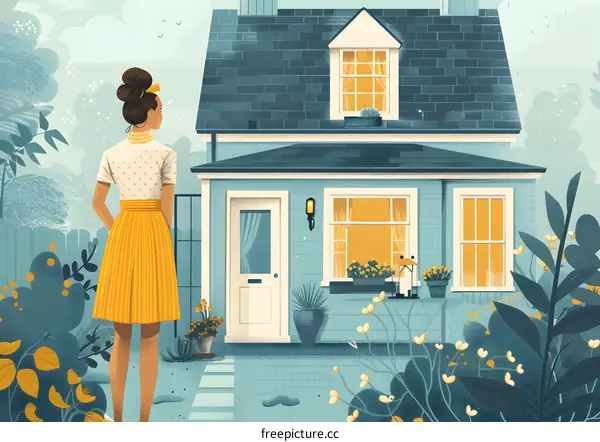 A woman standing in front of a blue house