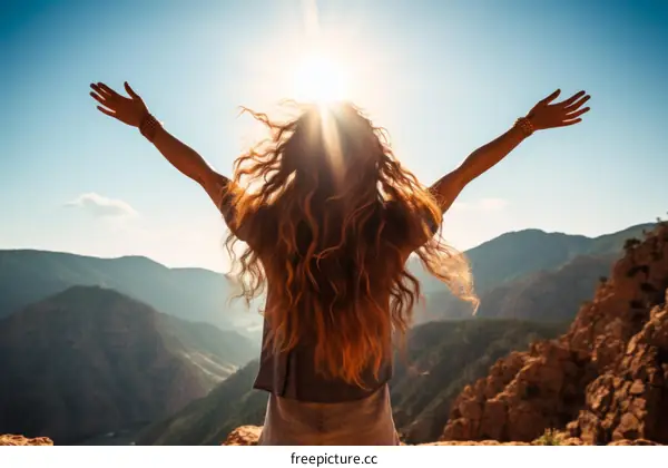 A woman standing on a mountaintop with her arms outstretched enjoying the view
