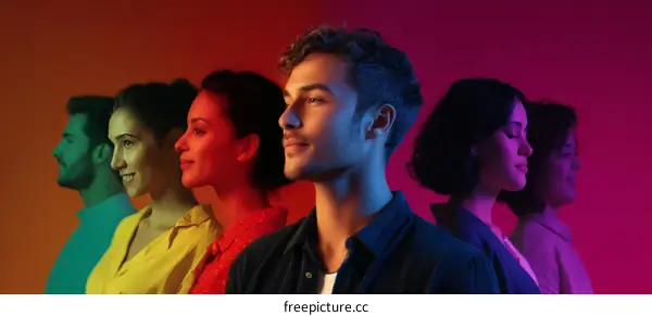 Diverse Group of People in Colorful Light
