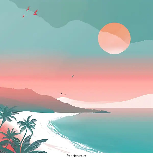 Sunset Beach Palm Trees Sea