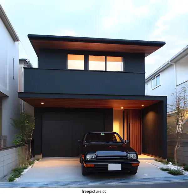 Modern Black House with Garage and Car