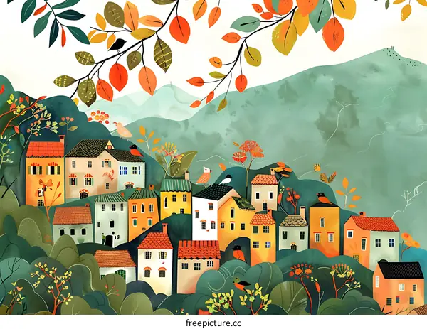Autumn Village Landscape Illustration