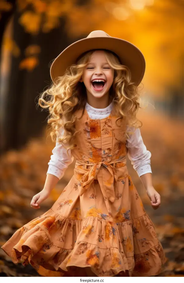 Little blonde girl in a brown hat laughs happily in a park with autumn leaves
