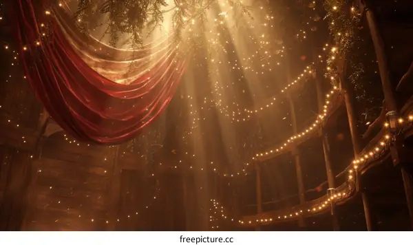 An empty theater with red curtains and sparkling lights