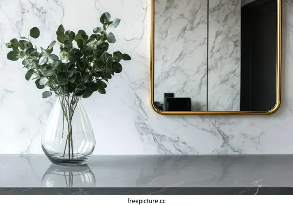 Modern Vase with Eucalyptus Arrangement on Marble Countertop and Mirror