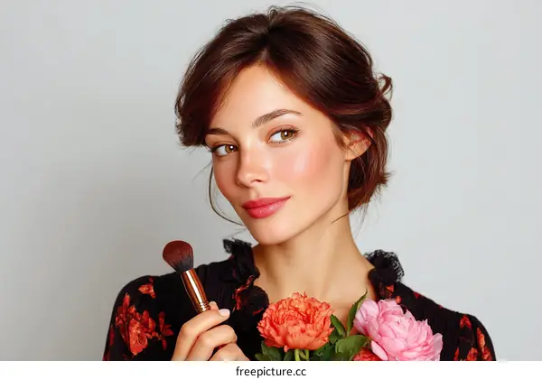 Beautiful Woman Holding Makeup Brush with Flowers