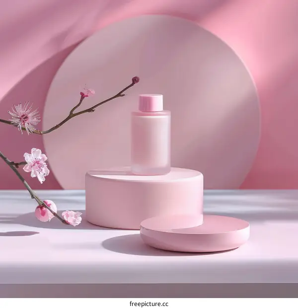 Cosmetic pink bottle with cherry blossom on a pink podium