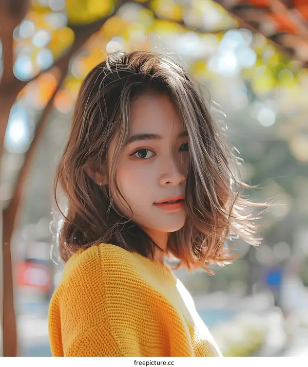 Beautiful Asian Woman in Yellow Sweater with Short Hair Posing in Nature