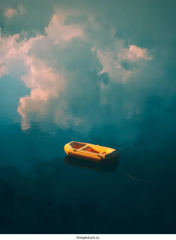 Lonely Yellow Boat Reflecting Clouds