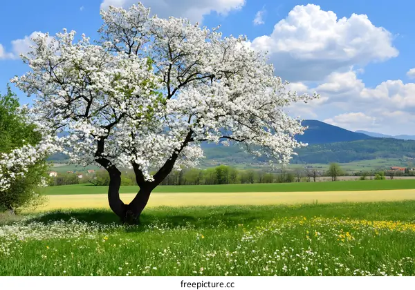 Blooming Cherry Tree in Springtime Meadow