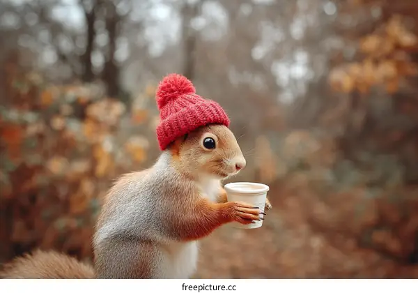 Squirrel with Red Hat Drinking Coffee in Autumn Forest