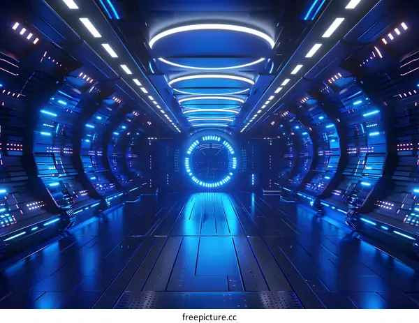 Futuristic spaceship blue sci fi corridor interior