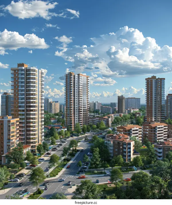 Urban Cityscape with Towering Residential Buildings and Expansive Green Spaces