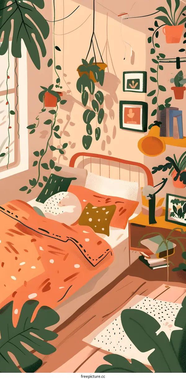 Bedroom Interior Design with Plants and Pillows