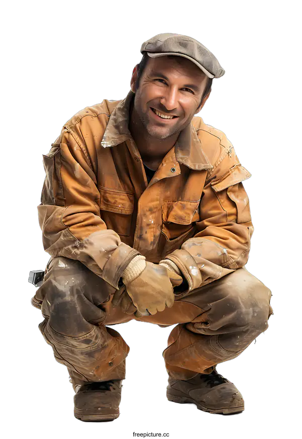 [Transparent Background PNG]Smiling construction worker crouching on white background