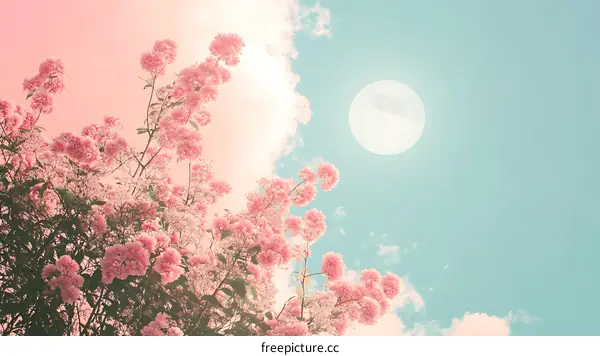 Pink Flowers Blooming Under a Bright White Moon