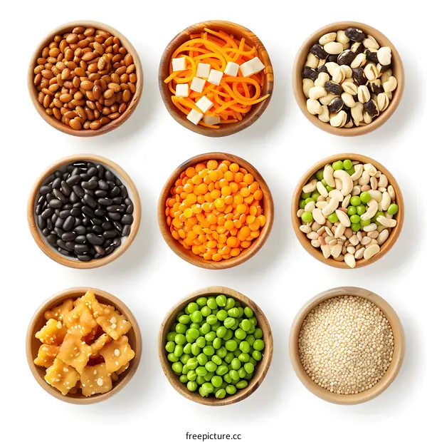 Collection of Different Types of Grains and Legumes in Wooden Bowls