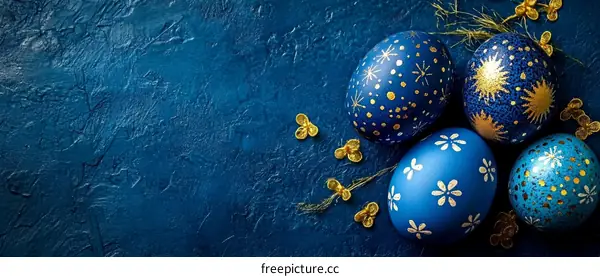 Colorful Decorative Easter Eggs on a Dark Blue Background