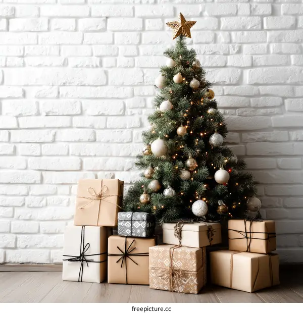 Christmas Tree with Presents in Front of White Brick Wall