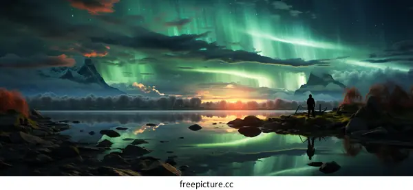 Aurora borealis landscape with mountains and lake