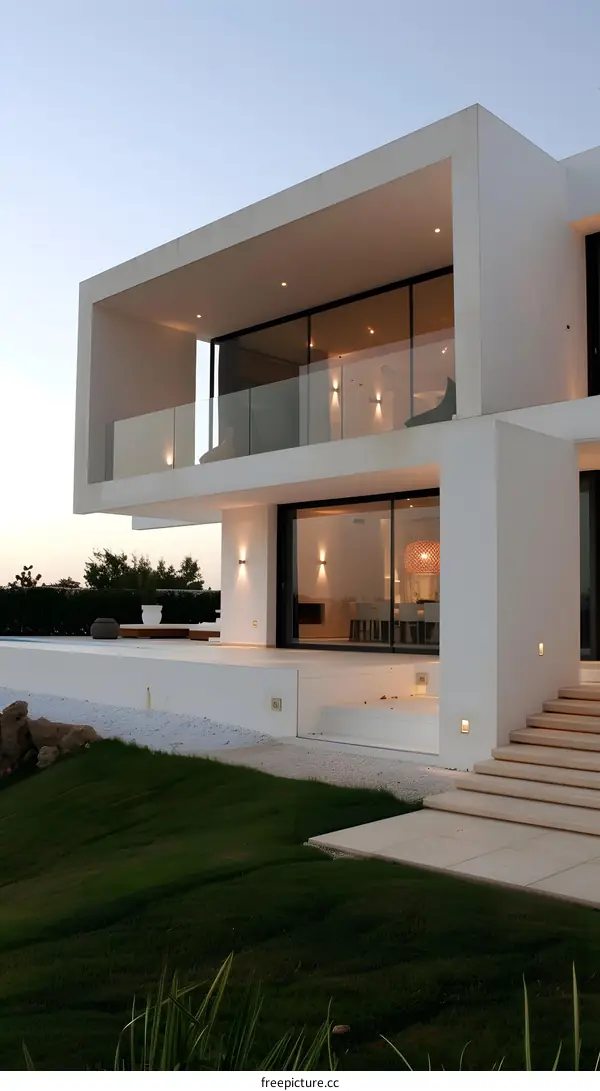 Modern White House with Glass Balconies and Green Lawn