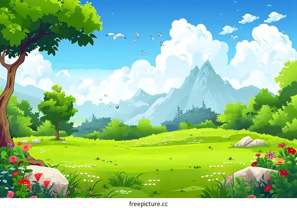 Green Meadow Landscape With Mountain In The Background