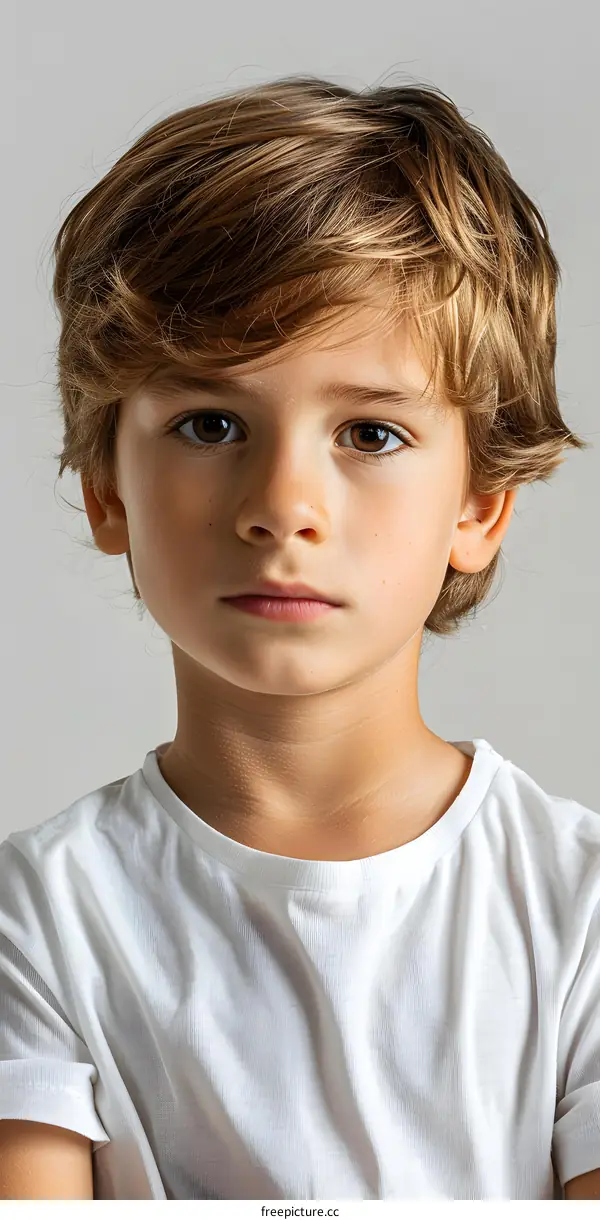 Portrait of a boy with brown hair and brown eyes wearing a white shirt