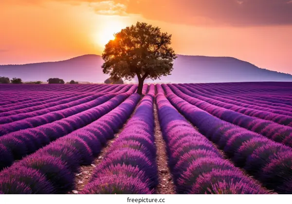 Lavender field with a lonely tree at sunset