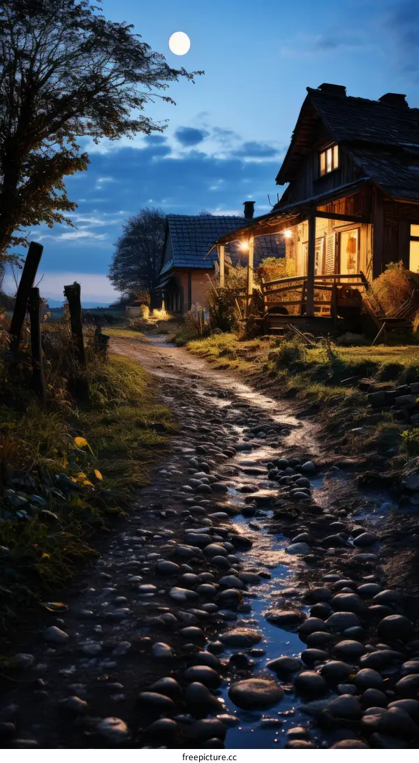 A cobblestone path winds through a moonlit village