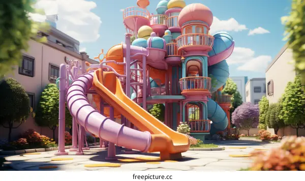 A colorful playground with a variety of play structures