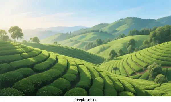 Lush Green Terraced Tea Plantation on Rolling Hills Under Clear Sky