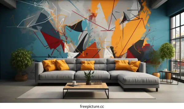 vibrant geometric shapes painting on the wall behind a couch