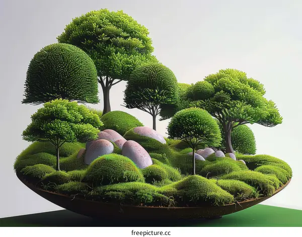 Artificial moss bonsai tree in a ceramic pot with rocks and pebbles