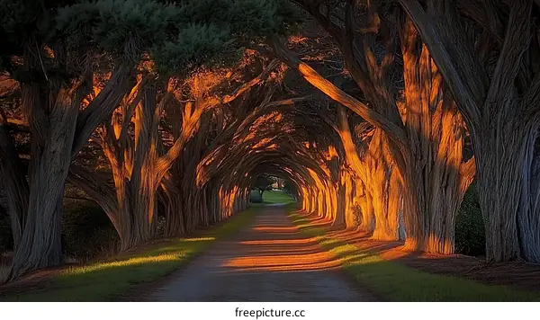 Golden Sunlight Path Through a Tunnel of Trees