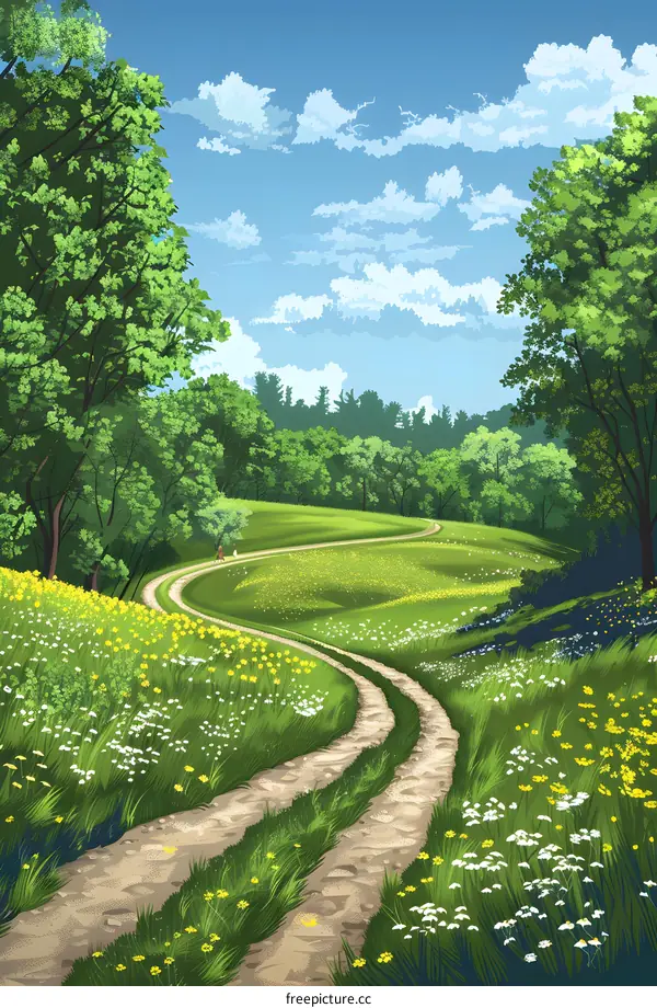 Winding Path Through a Lush Green Meadow with Flowers
