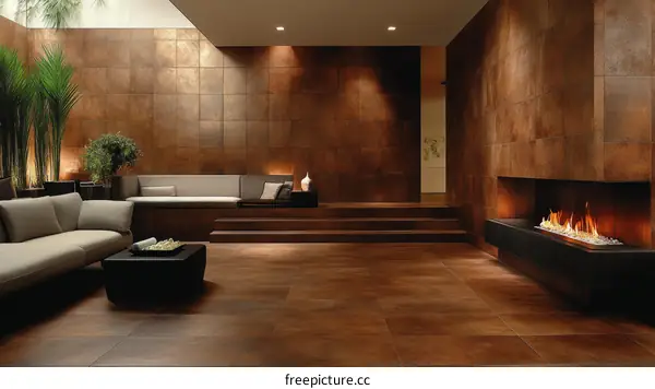Modern Living Room with Rustic Tiles and Fireplace