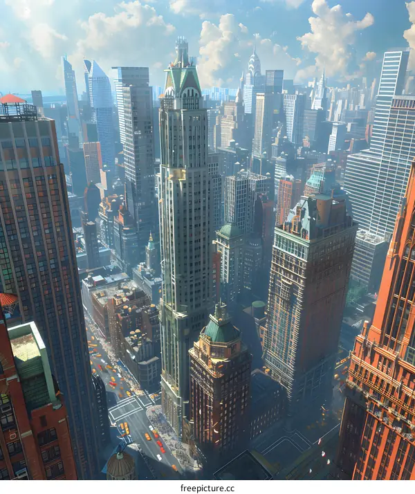 Cityscape of a large metropolis with skyscrapers and a busy street intersection